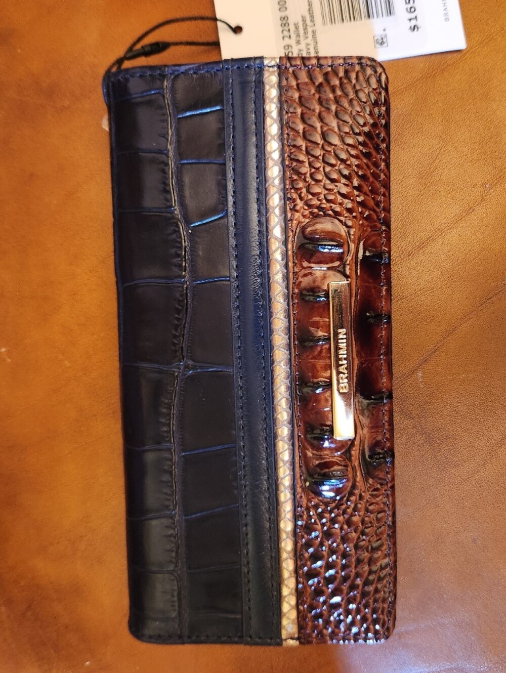 NWT Brahmin ADY Slim Bifold Leather Wallet NAVY VESPER/Pecan Brown Gold